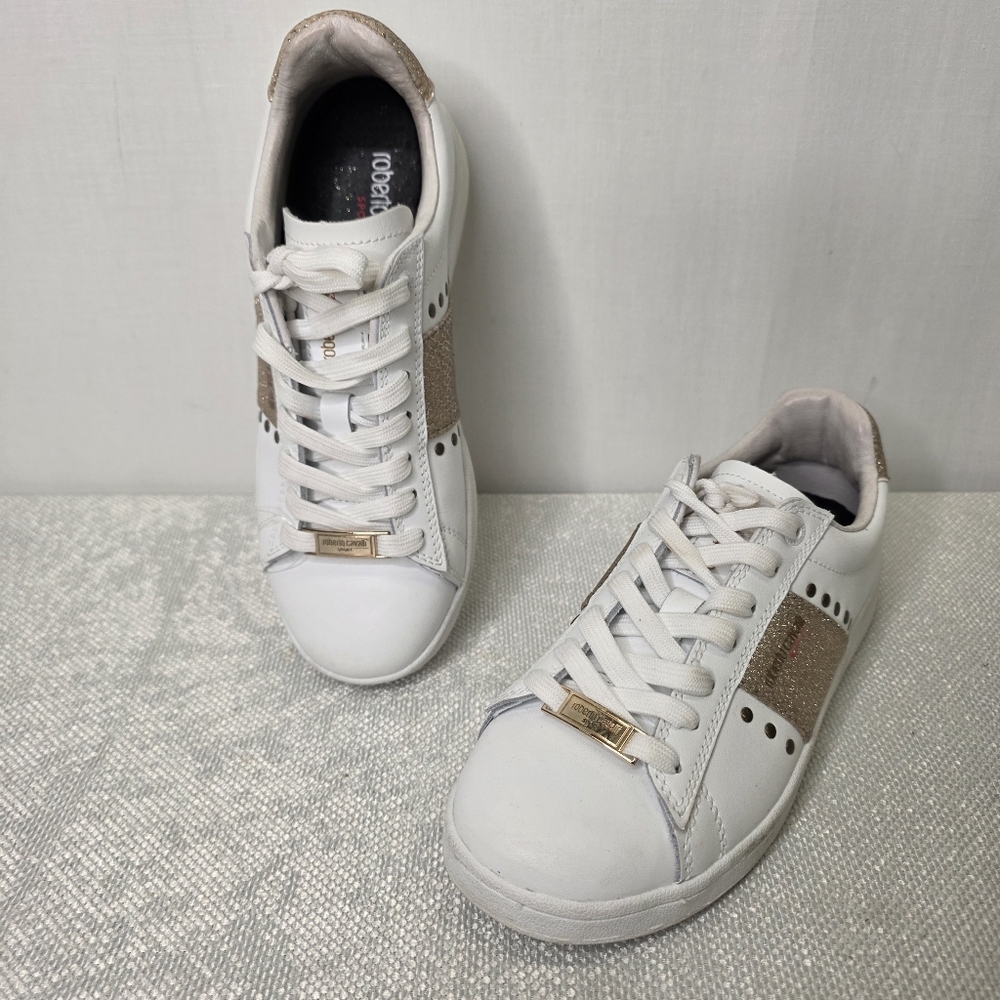 Roberto Cavalli 🌎 Studded Leather White and Gold Sneakers Sz 6.5